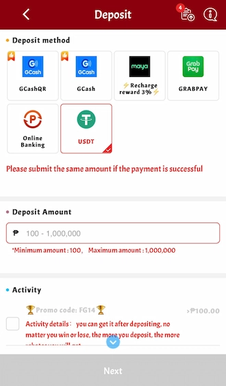 Step 1: choose the USDT payment method.