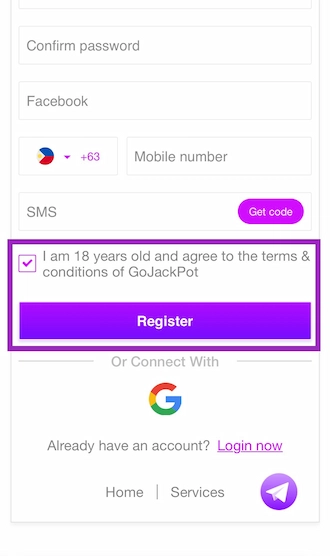 Step 3: Confirm you are 18 years old, agree to Gojackpot terms.