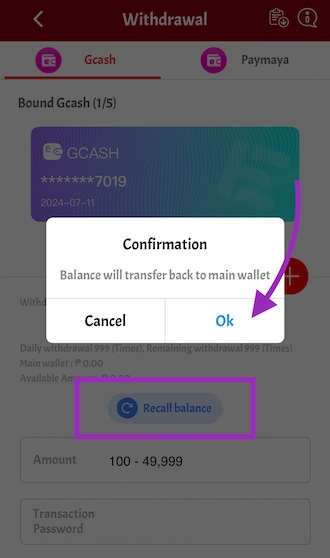 Step 4: Transfer all winnings to the main wallet by clicking Recall balance. 